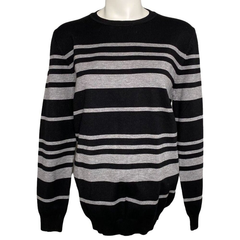 Talbots Crewneckâ Sweater Top Women's SMALL Black Gray Striped Long-Sleeve NWOT